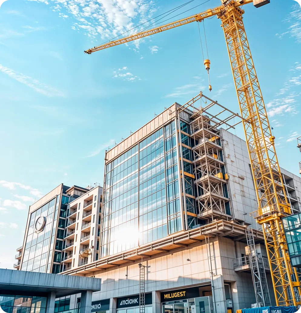 Construction site with modern buildings and crane